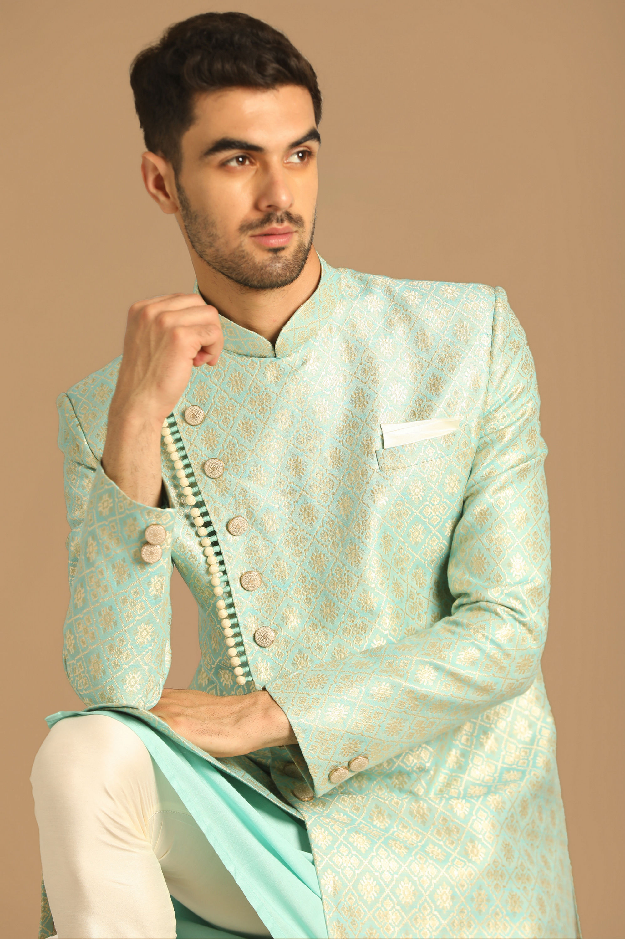 Manyavar Men Pristine Blue Indo Western