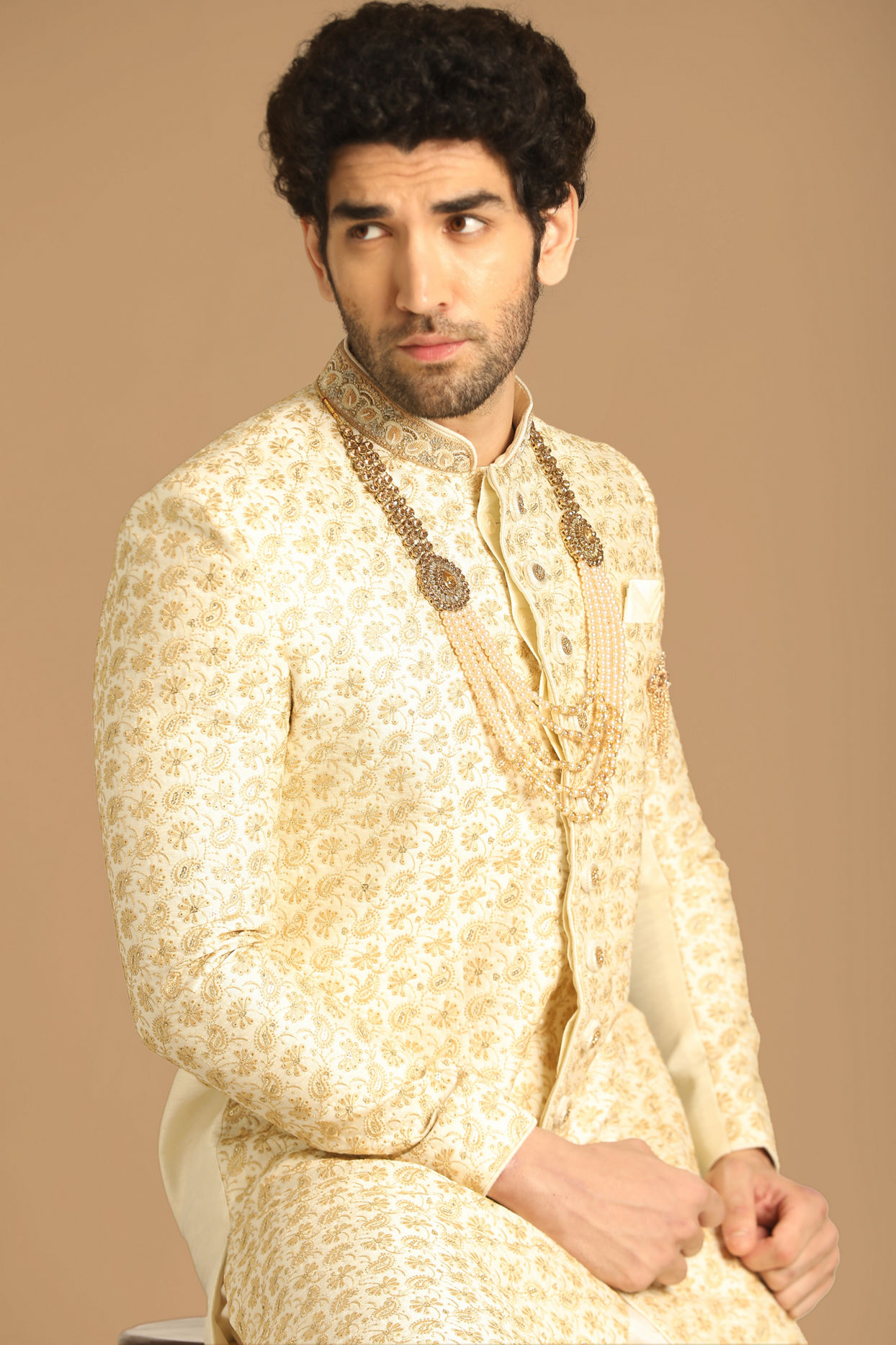 alt message - Manyavar Men Sea Shell White Sherwani image number 0