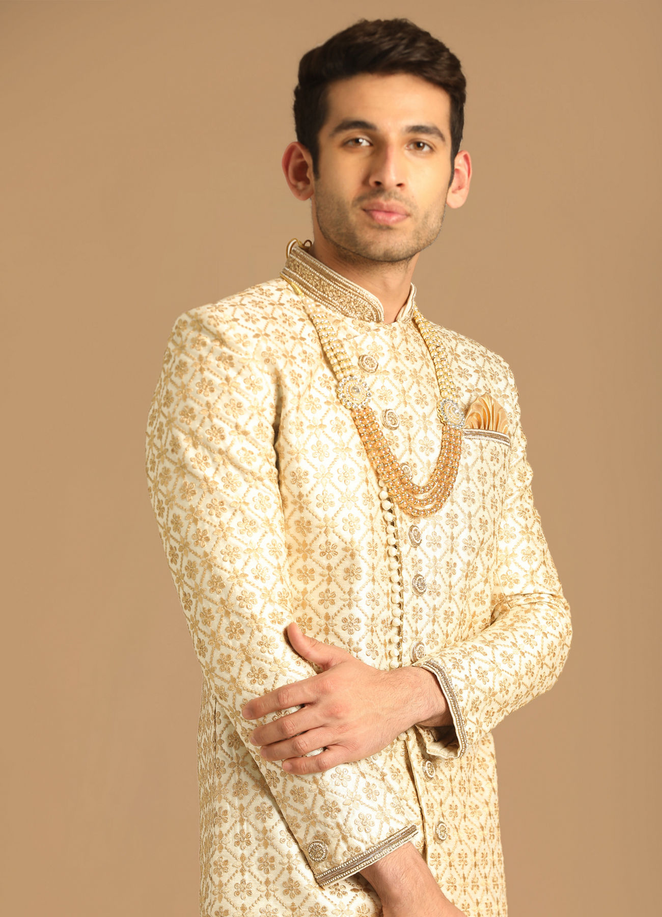 Manyavar Men Floral Work Cream Sherwani