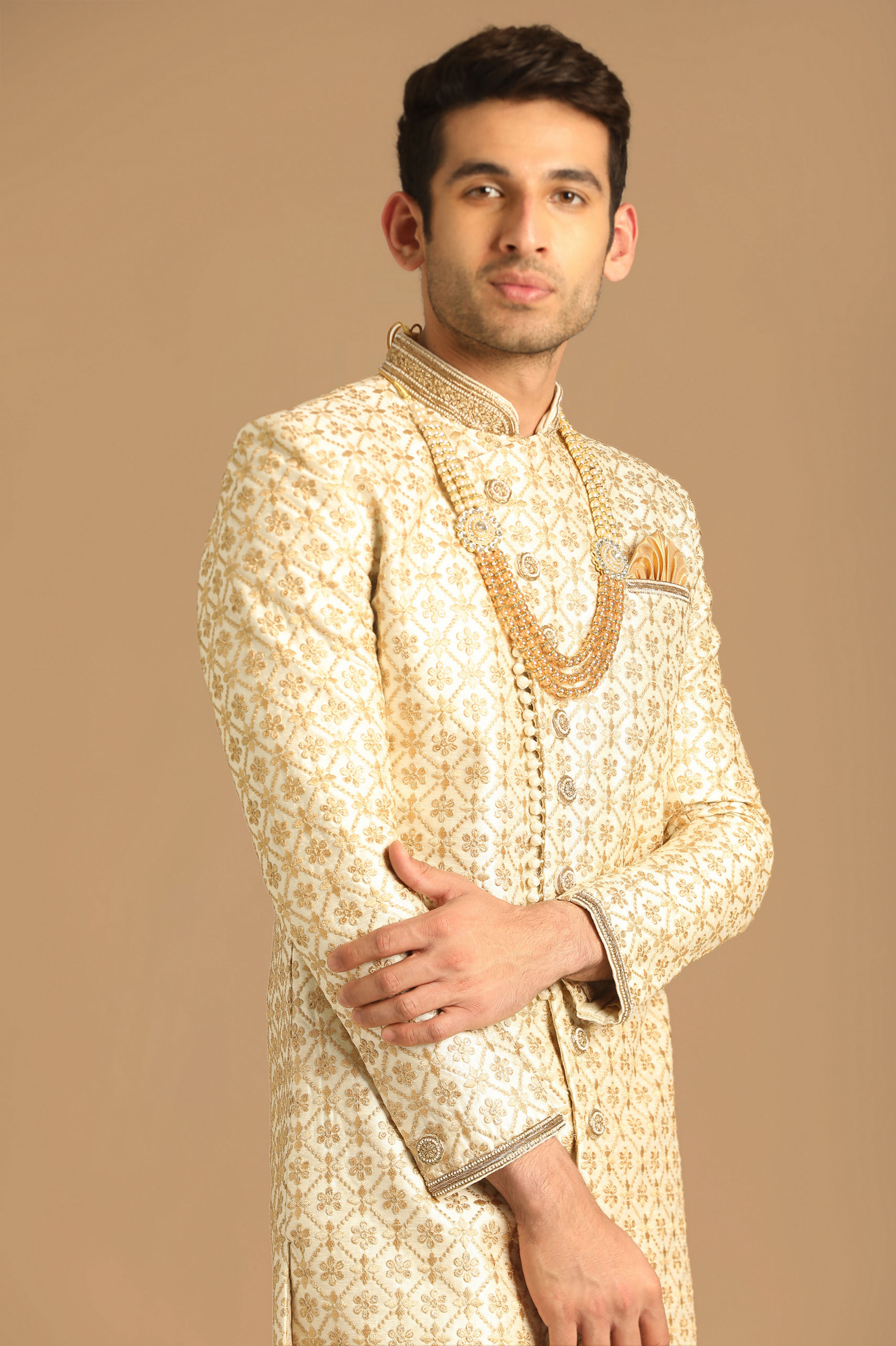 Manyavar Men Floral Work Cream Sherwani