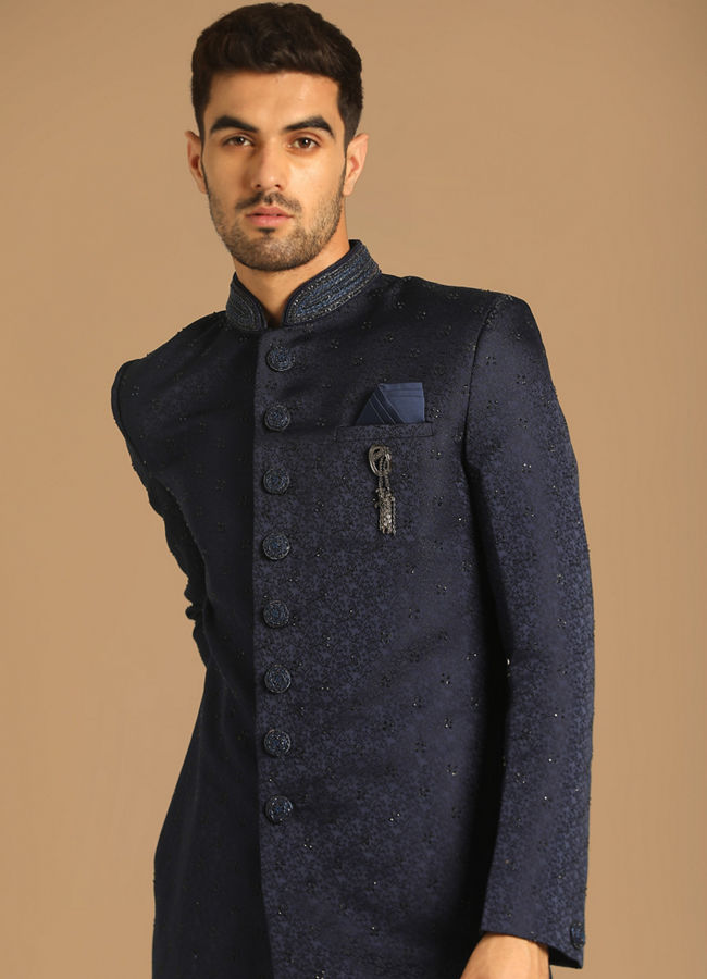 alt message - Manyavar Men Iconic Blue Indo Western image number 0