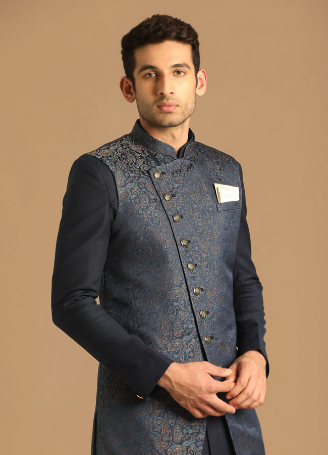 alt message - Manyavar Men Feroze Blue Indo Western Set image number 0