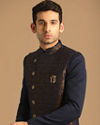 alt message - Manyavar Men Dark Blue Jacquard Layered Indo Western image number 0