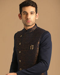 Manyavar Men Dark Blue Jacquard Layered Indo Western