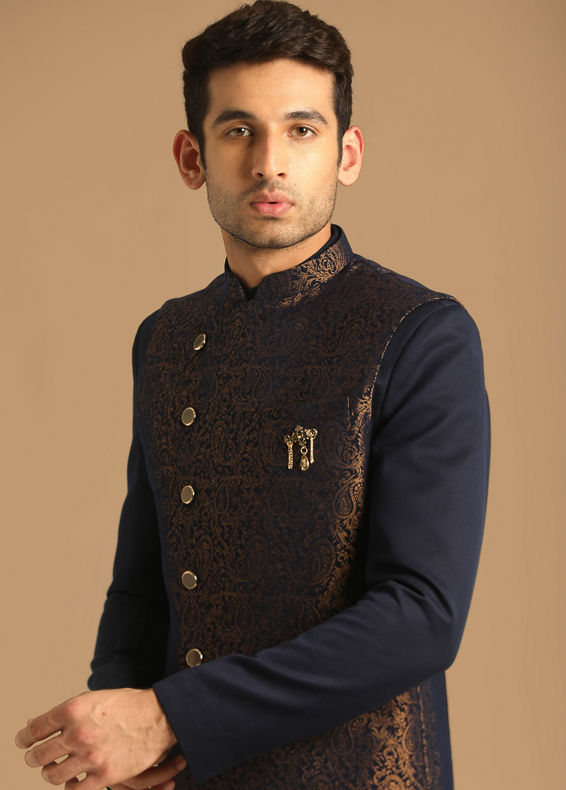 Manyavar Men Dark Blue Jacquard Layered Indo Western