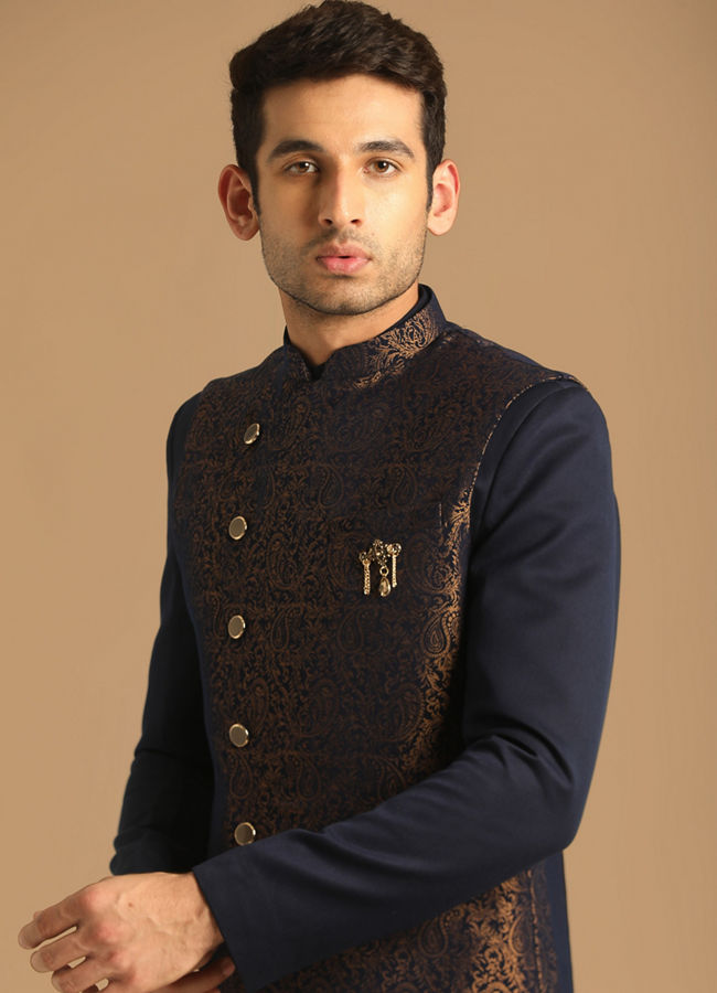 alt message - Manyavar Men Dark Blue Jacquard Layered Indo Western image number 0