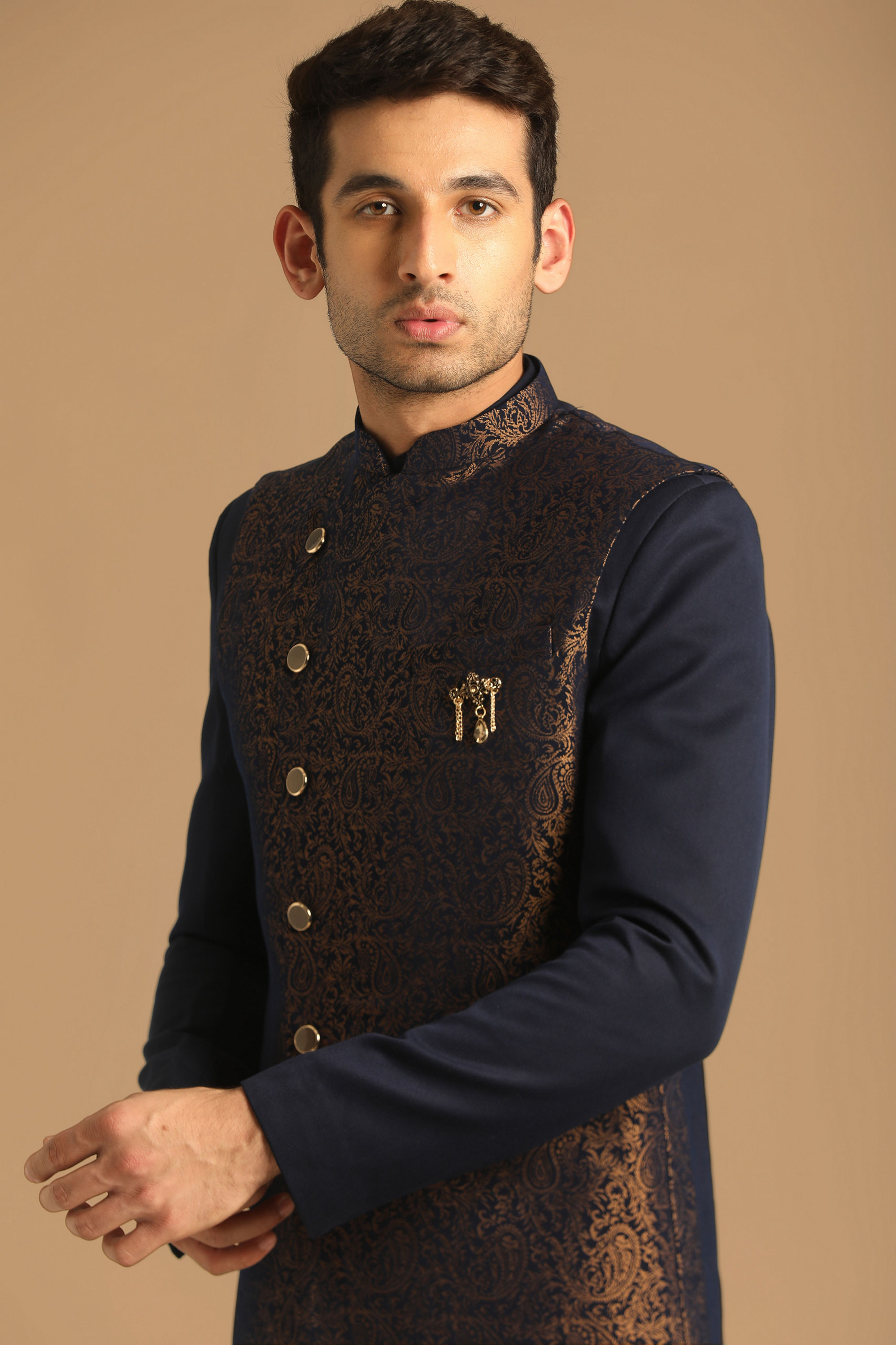 Manyavar Men Dark Blue Jacquard Layered Indo Western