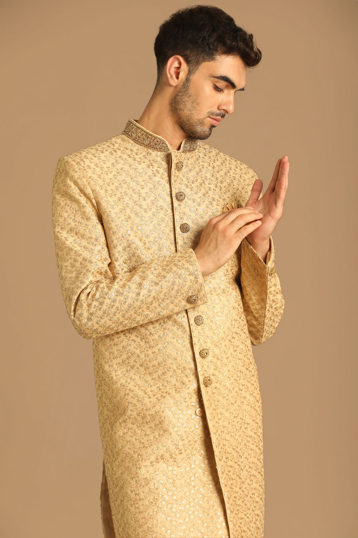 alt message - Manyavar Men Fabulous Fawn Sherwani image number 0