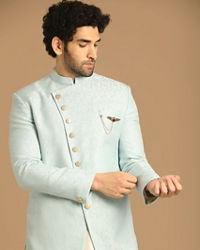 Manyavar Men Lavish Light Blue Indo Western Set