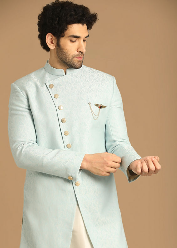 Manyavar Men Lavish Light Blue Indo Western Set