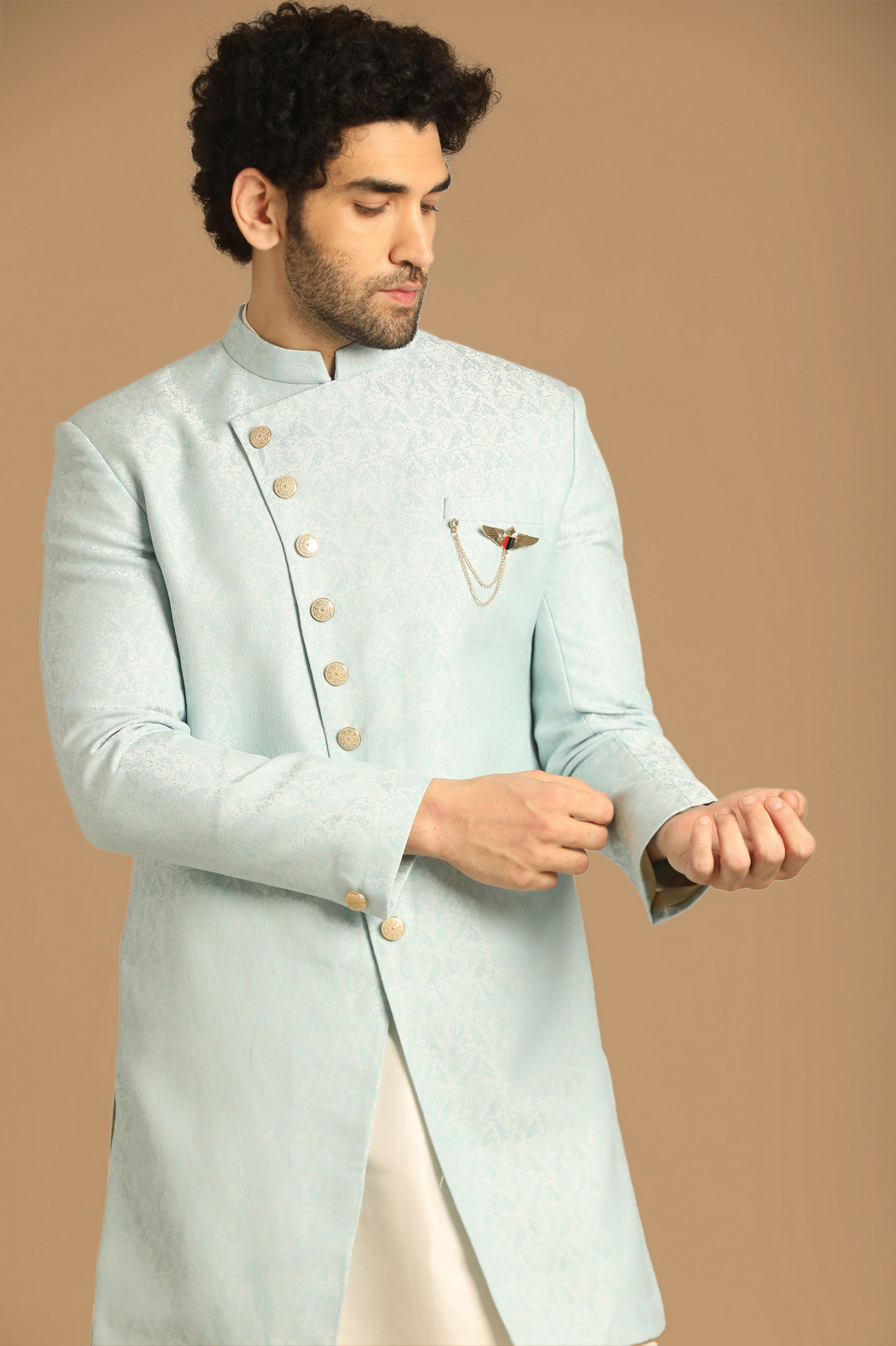 Manyavar Men Lavish Light Blue Indo Western Set