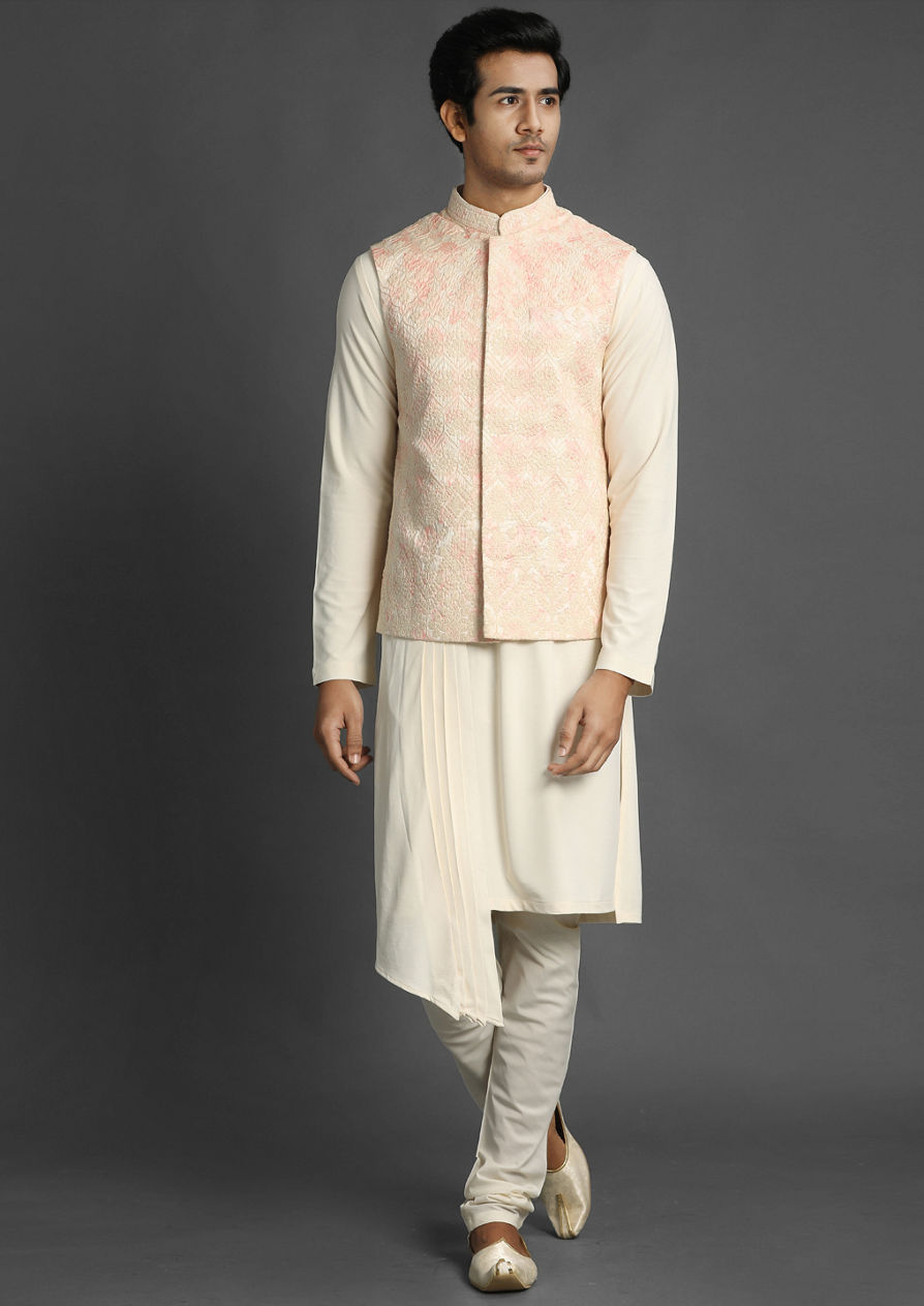 alt message - Twamev Men Classic Cream and Rani Combination Kurta Jacket Set image number 2