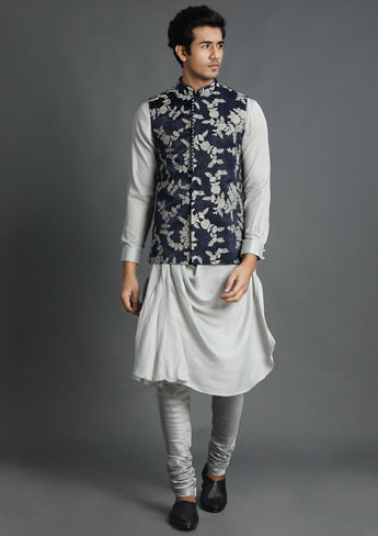 alt message - Twamev Men Elegant Blue Kurta Jacket Set image number 0