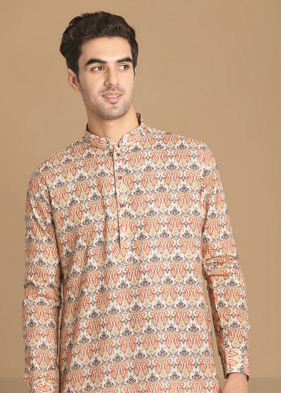 Manyavar Men Light Orange Printed Kurta