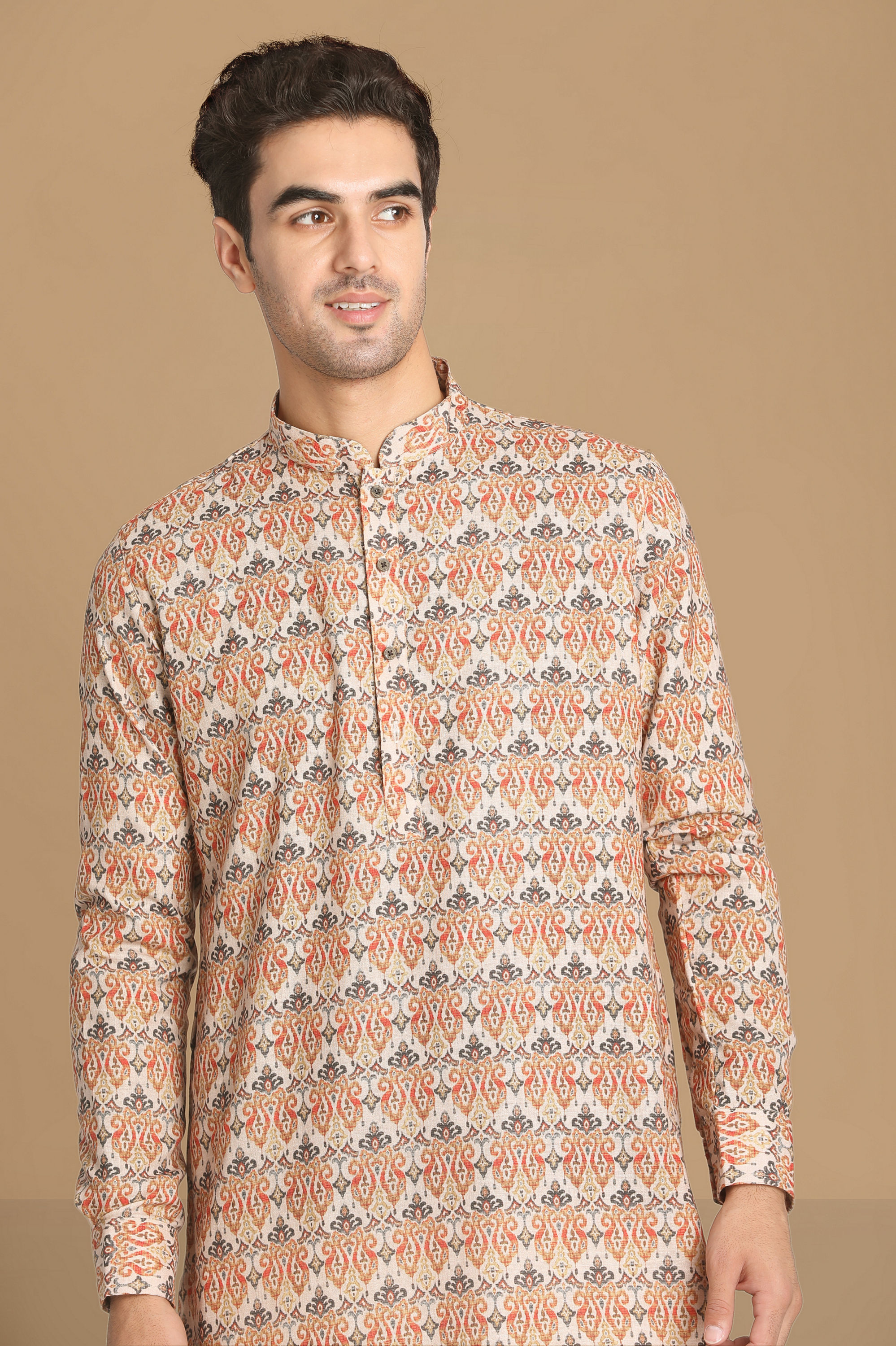 Manyavar Men Light Orange Printed Kurta