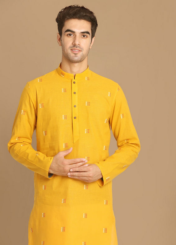 Manyavar Men Yolk Yellow Printed Kurta