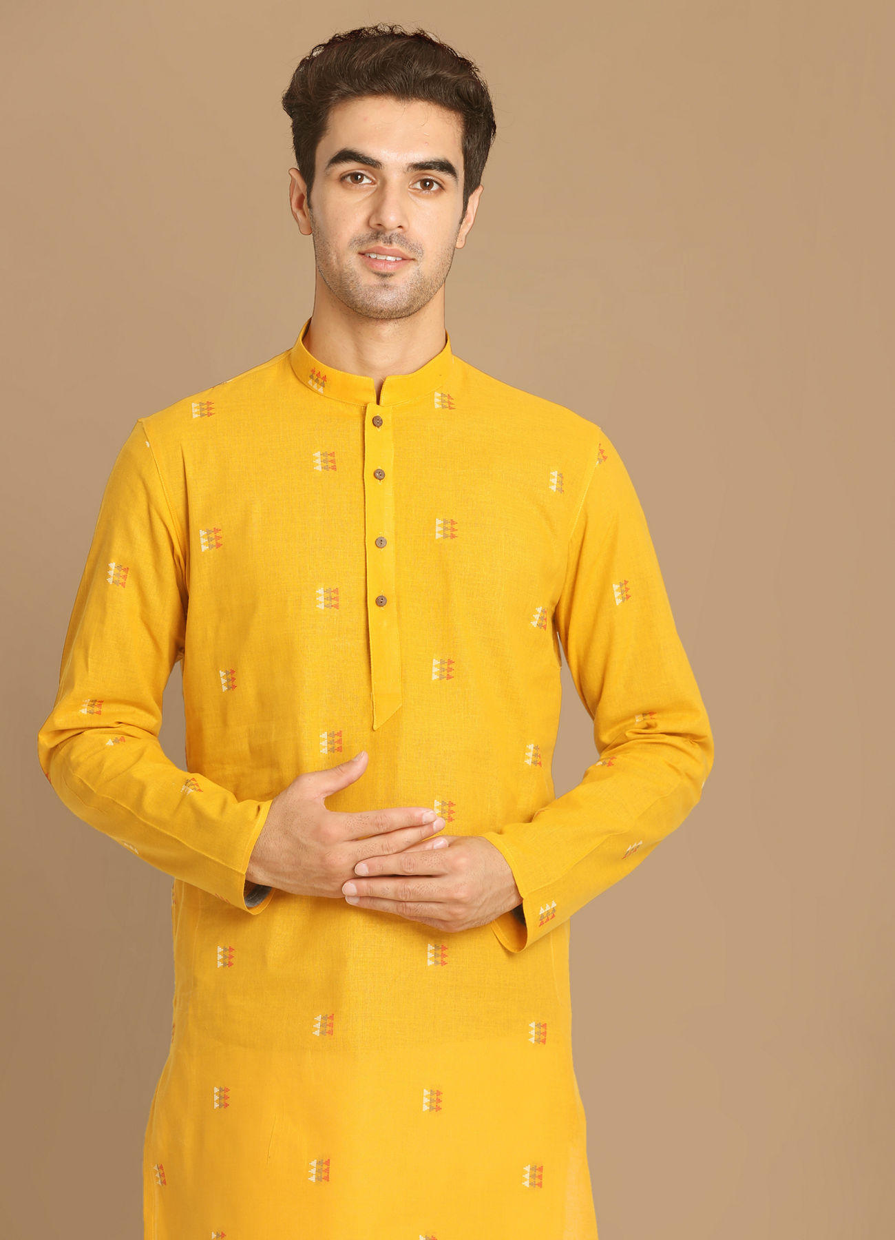 Manyavar Men Yolk Yellow Printed Kurta