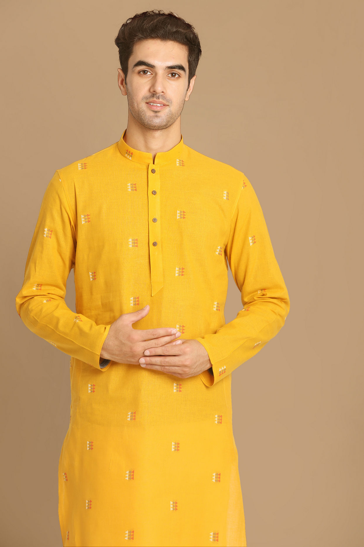 Manyavar Men Yolk Yellow Printed Kurta