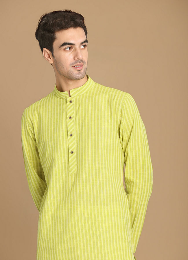 alt message - Manyavar Men Lime Green Self Striped Kurta image number 0