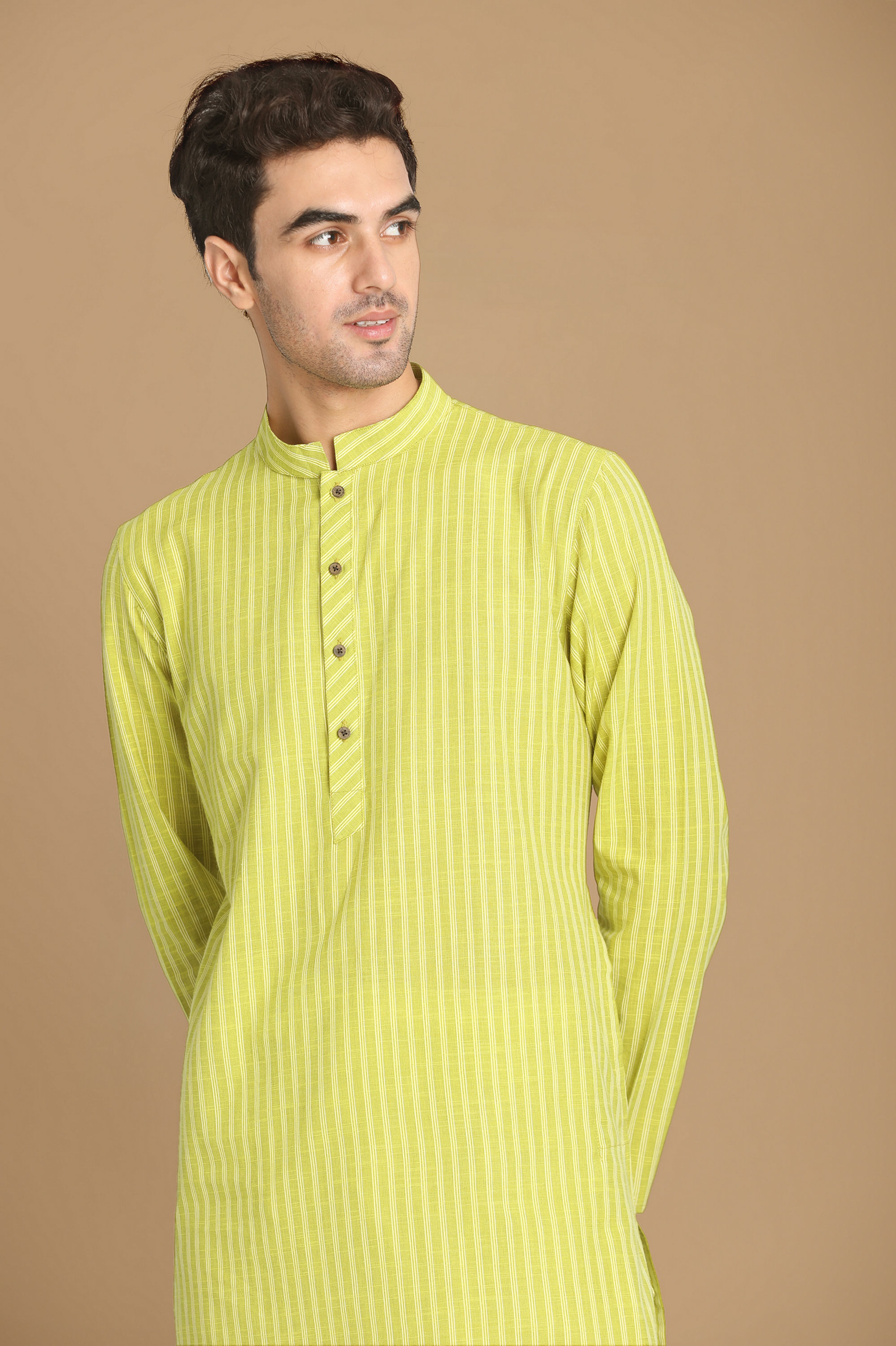 Manyavar Men Lime Green Self Striped Kurta