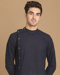 Manyavar Men Navy Blue Side Open Chikankari Kurta Set