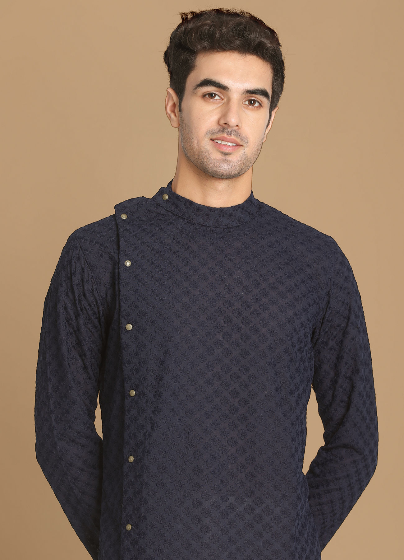 Manyavar Men Navy Blue Side Open Chikankari Kurta Set