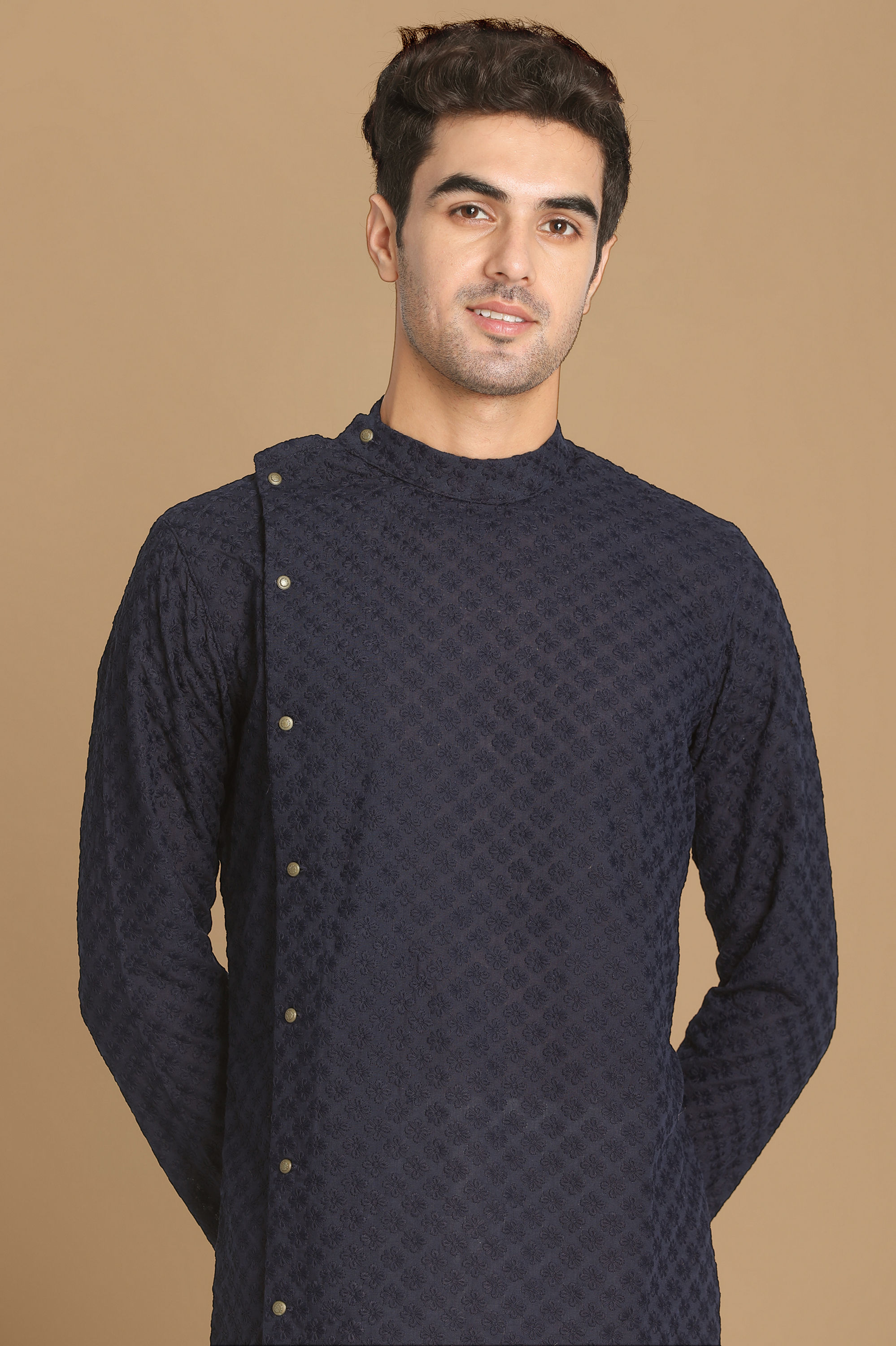 Manyavar Men Navy Blue Side Open Chikankari Kurta Set