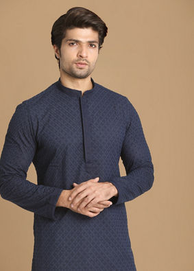 Manyavar Men Royal Blue Chikankari Kurta Set