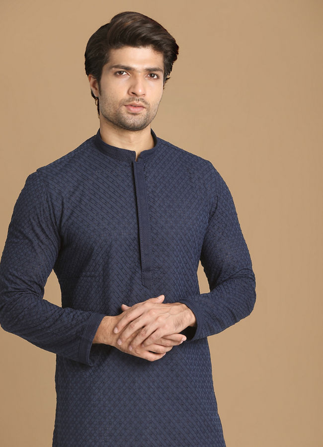 Manyavar Men Royal Blue Chikankari Kurta Set image number 0