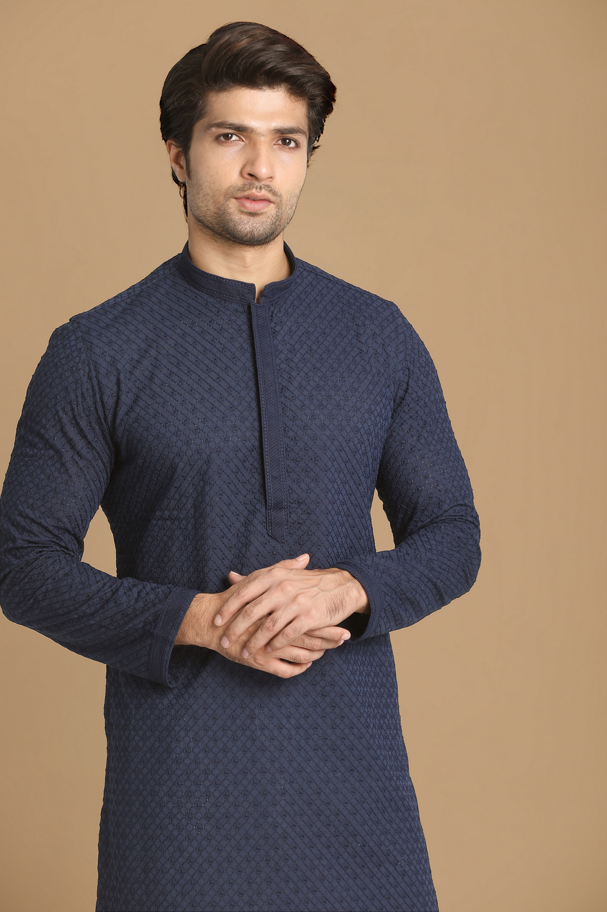 Manyavar Men Royal Blue Chikankari Kurta Set