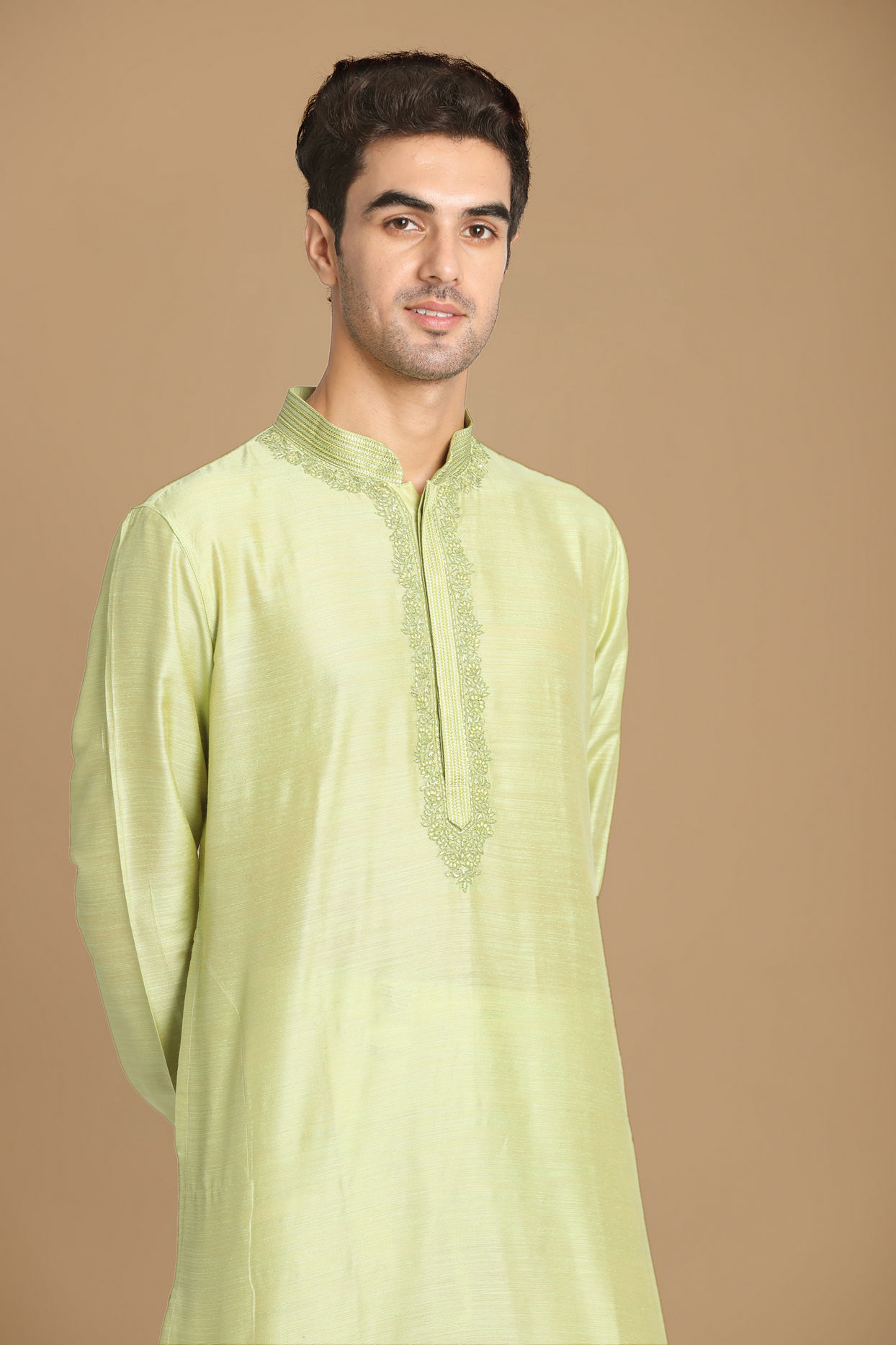 alt message - Manyavar Men Light Green Kurta Pajama With Minimal Work image number 0