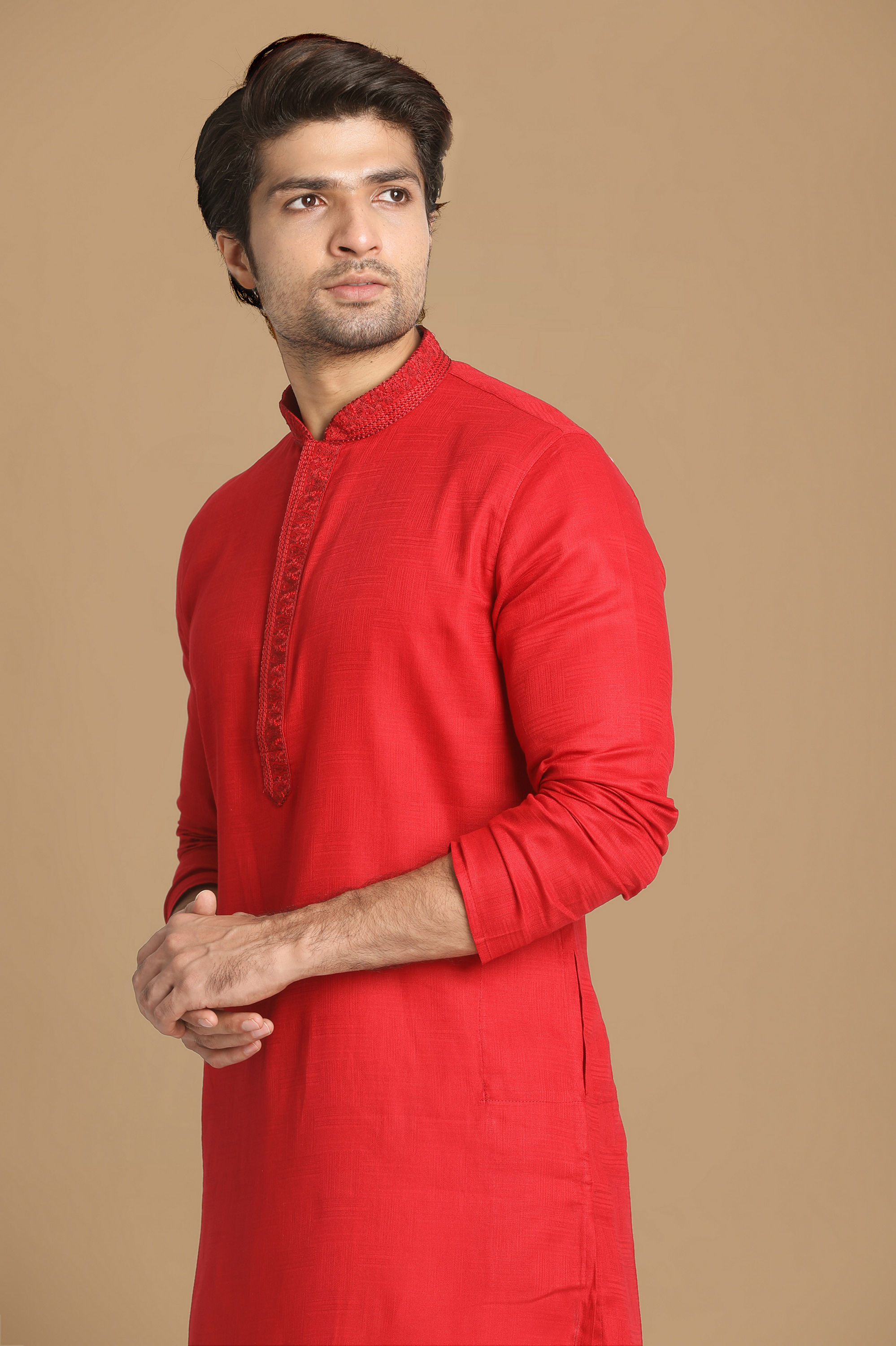 Manyavar Men Minimalist Red Kurta Set