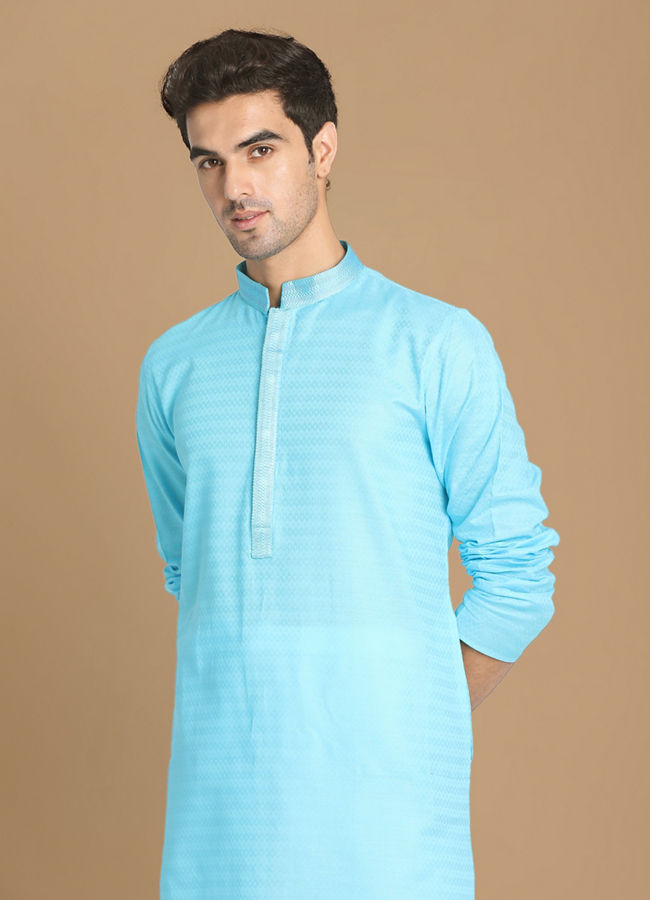 alt message - Manyavar Men Ocean Blue Self Design Kurta Set image number 0