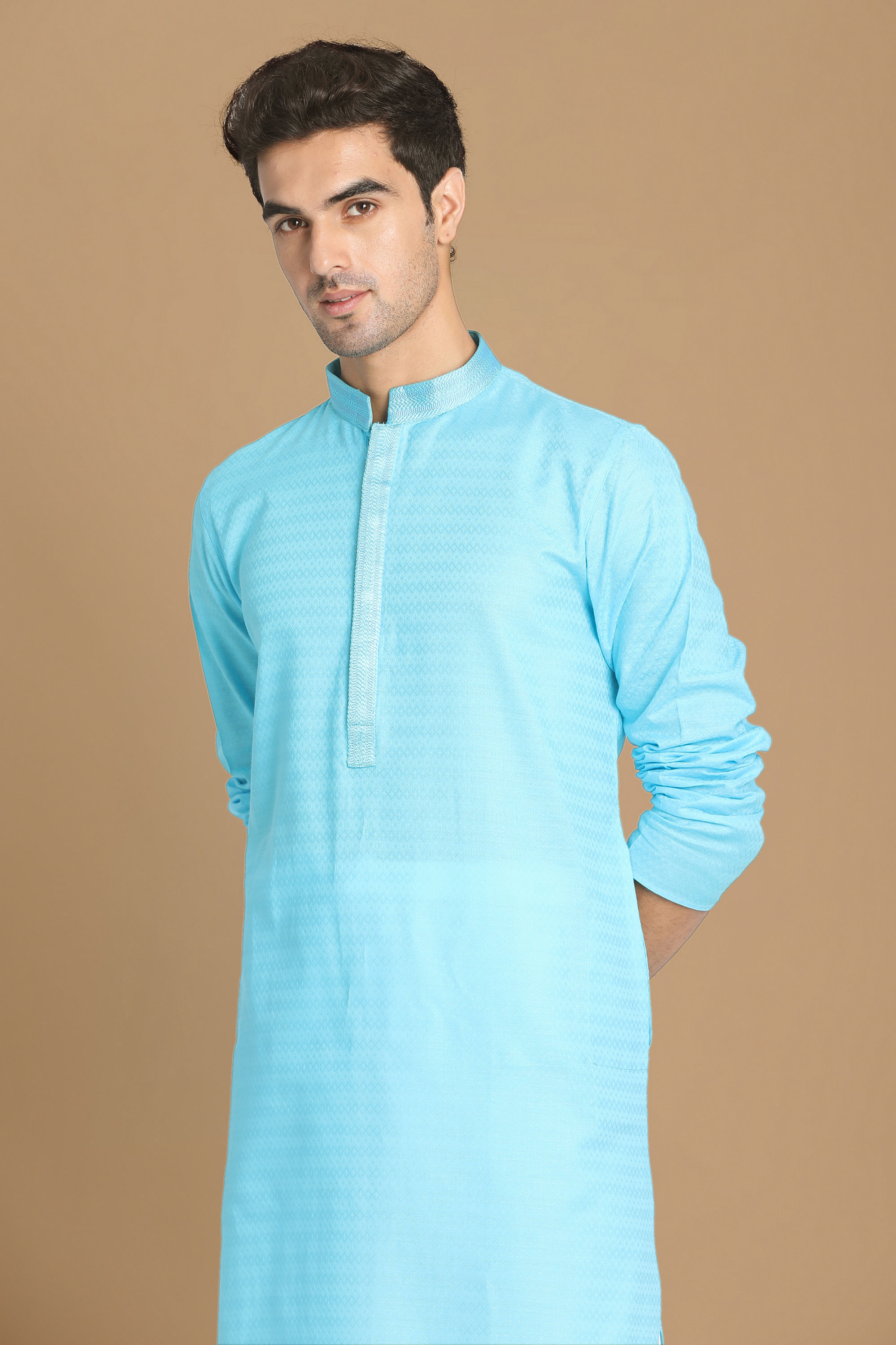 Manyavar Men Ocean Blue Self Design Kurta Set