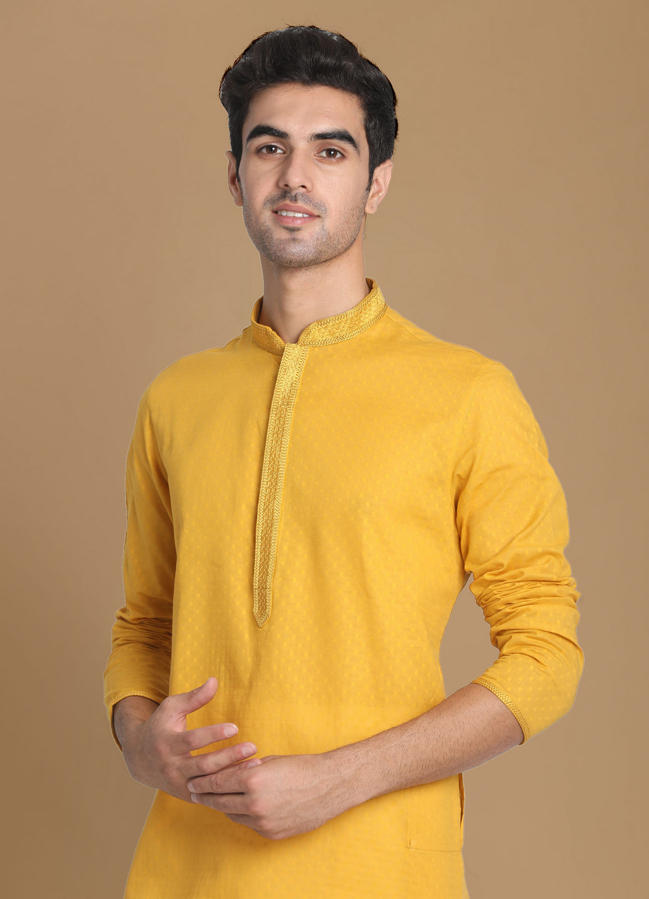 Manyavar Men Mustard Yellow Self Booti Kurta Set