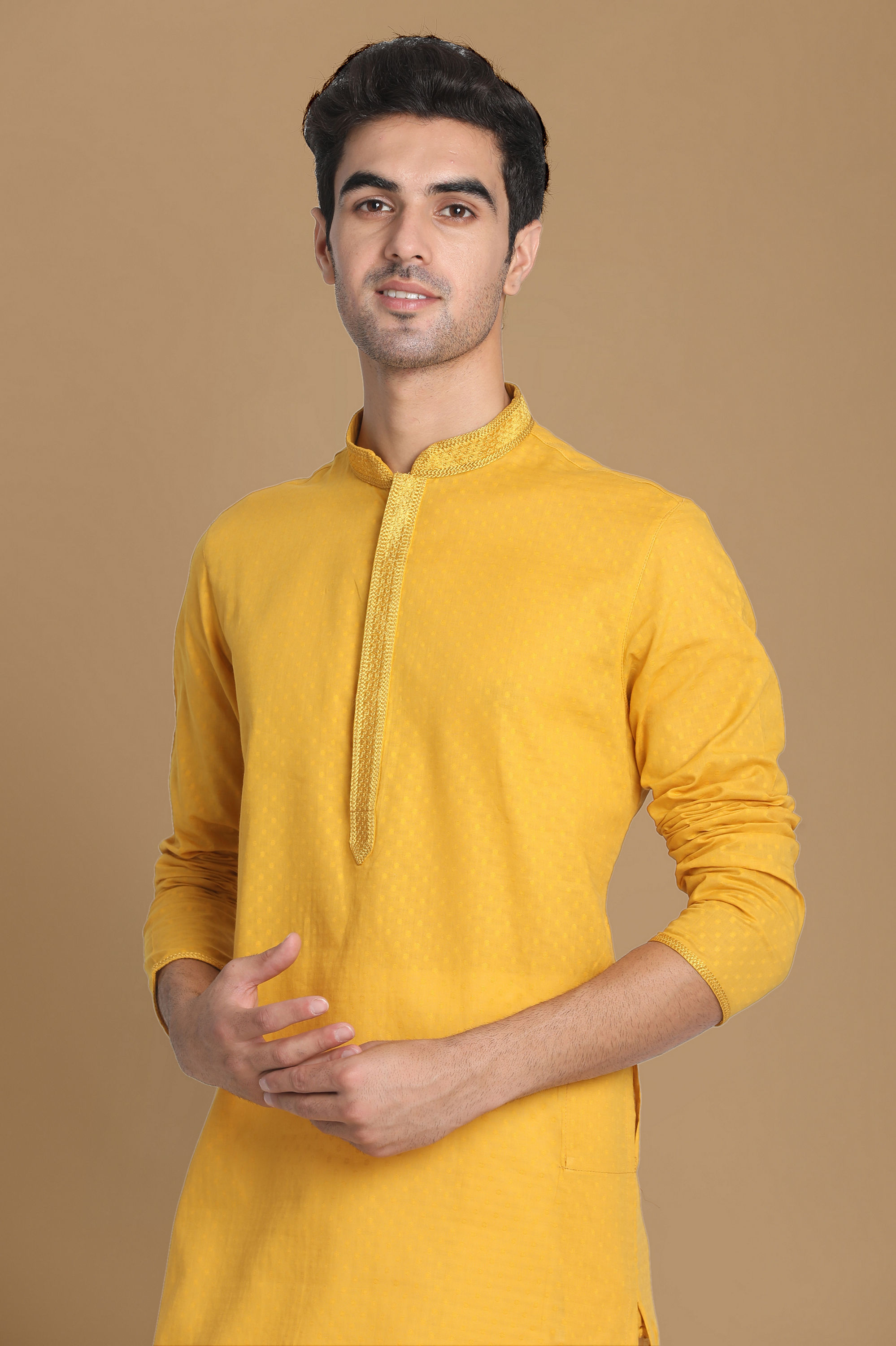 Manyavar Men Mustard Yellow Self Booti Kurta Set