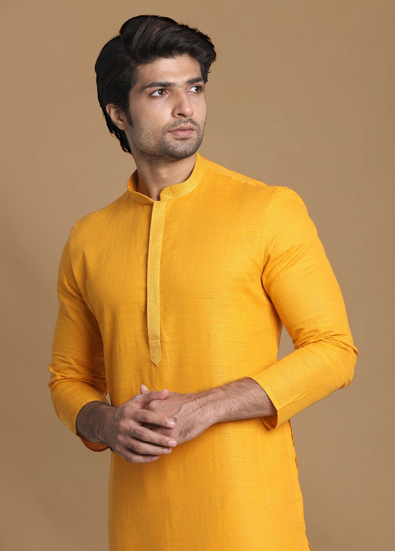 Manyavar Men Mustard Yellow Solid Kurta Pajama