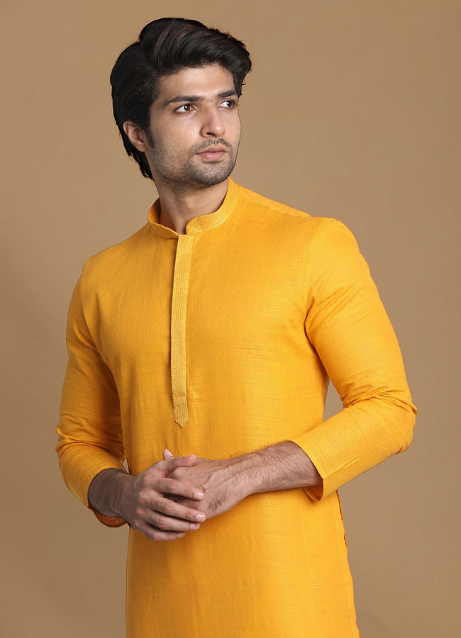 Manyavar Men Mustard Yellow Solid Kurta Pajama