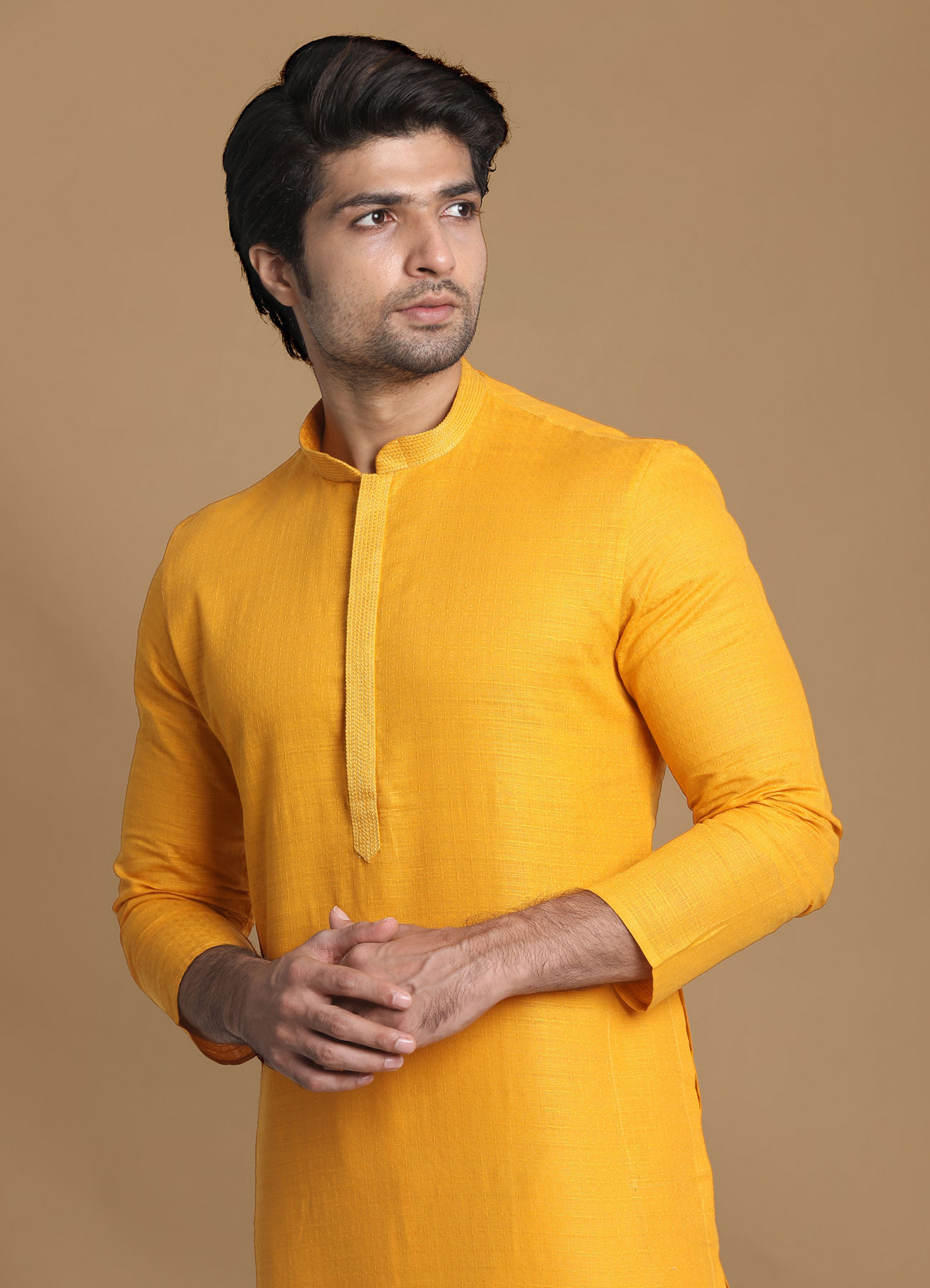 Manyavar Men Mustard Yellow Solid Kurta Pajama