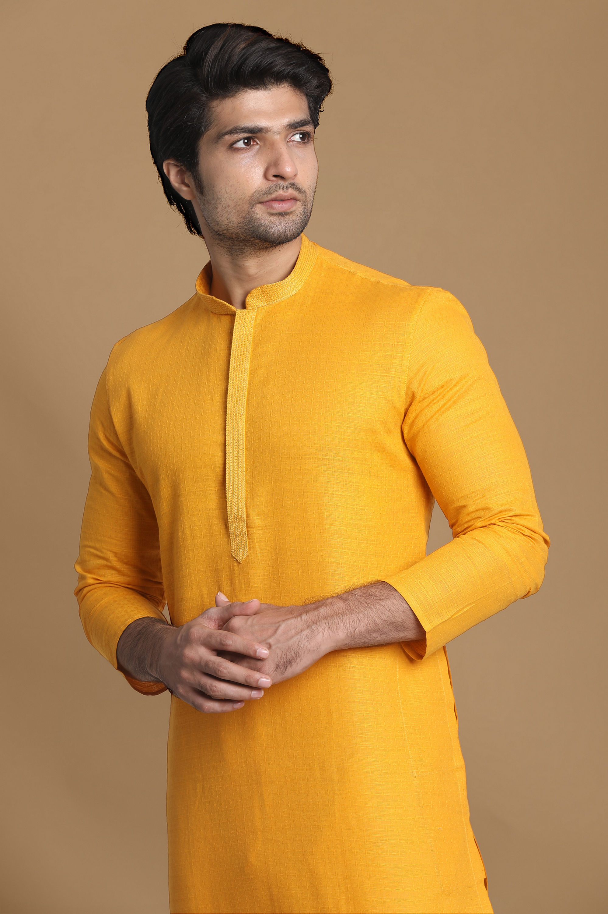 Manyavar Men Mustard Yellow Solid Kurta Pajama