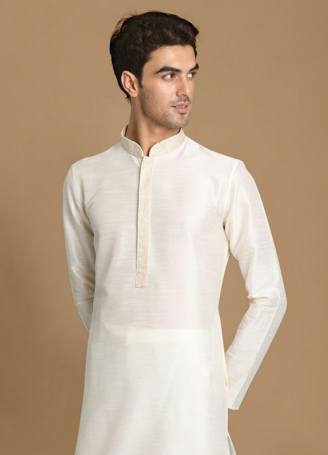 Manyavar Men Ivory White Plain Kurta