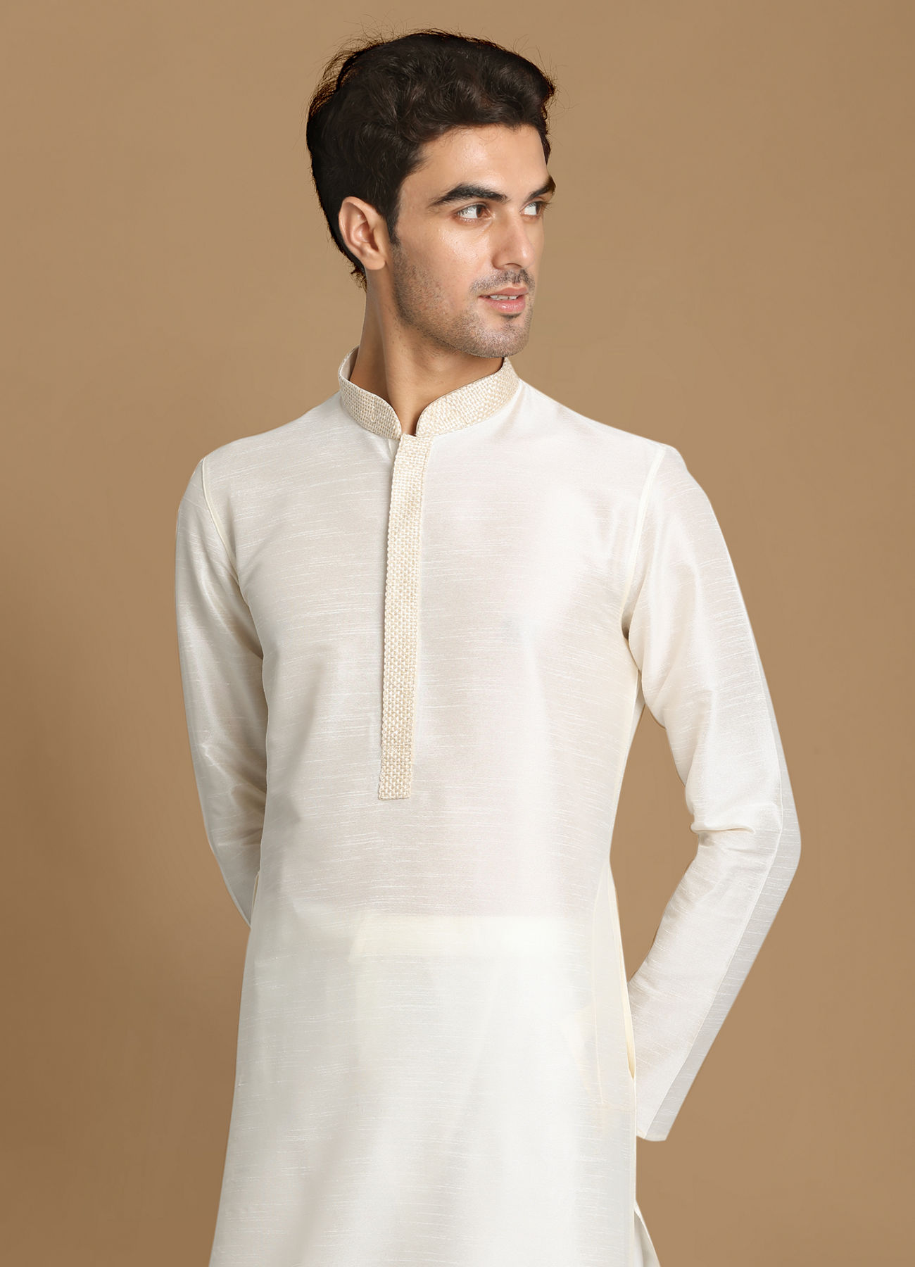 Manyavar Men Ivory White Plain Kurta