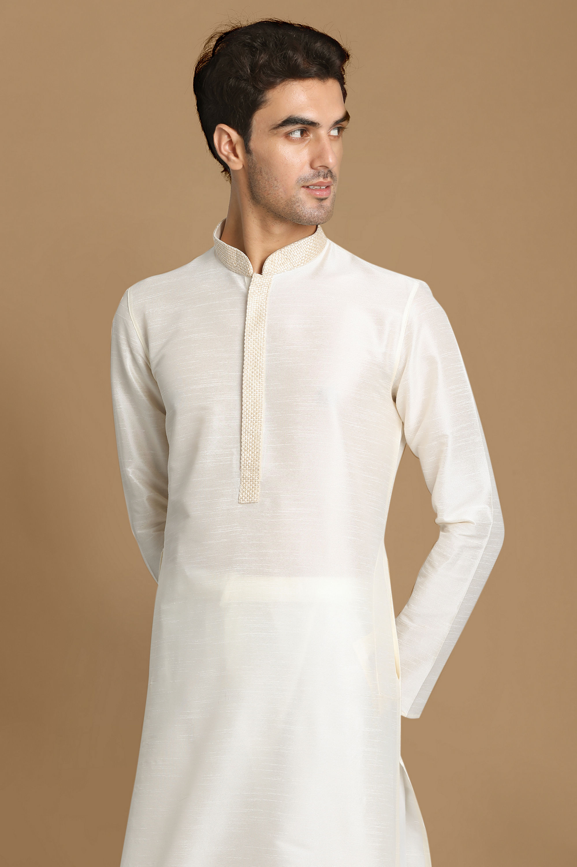 Manyavar Men Ivory White Plain Kurta