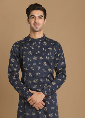 Manyavar Men Blue Floral Side Open Kurta image number 0