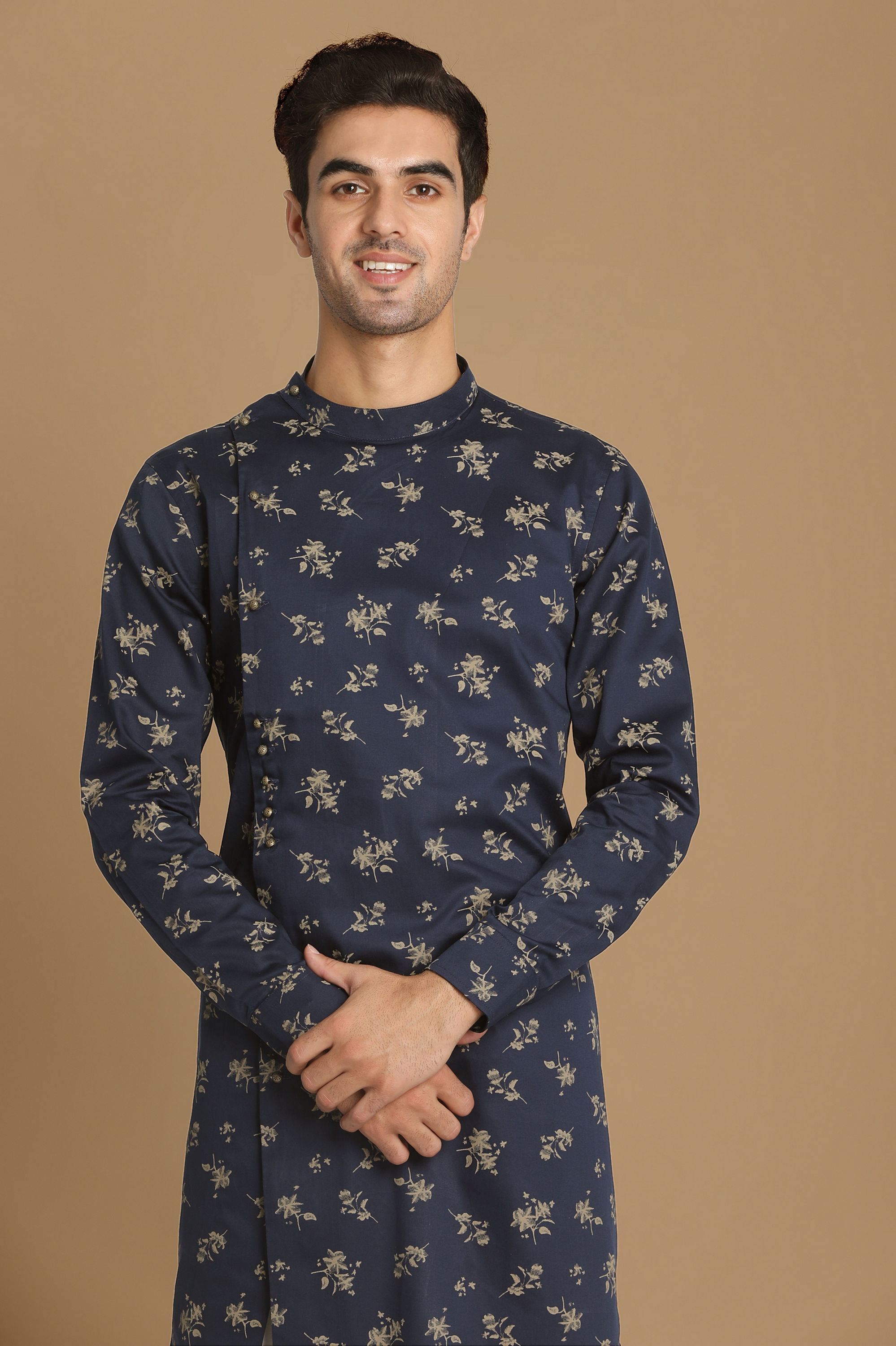 Manyavar Men Blue Floral Side Open Kurta