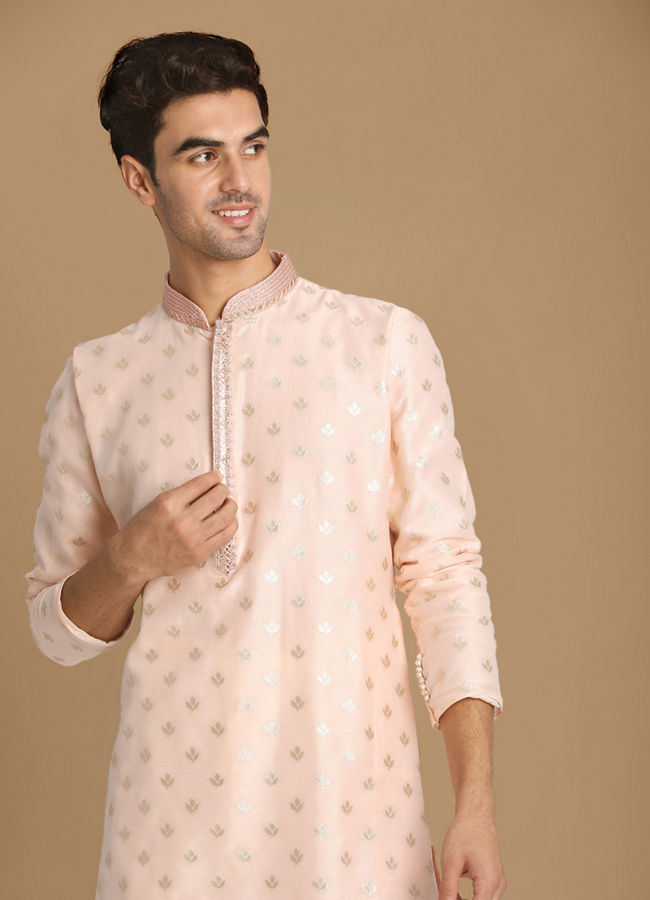 alt message - Manyavar Men Chanderi Pink Kurta Set image number 0