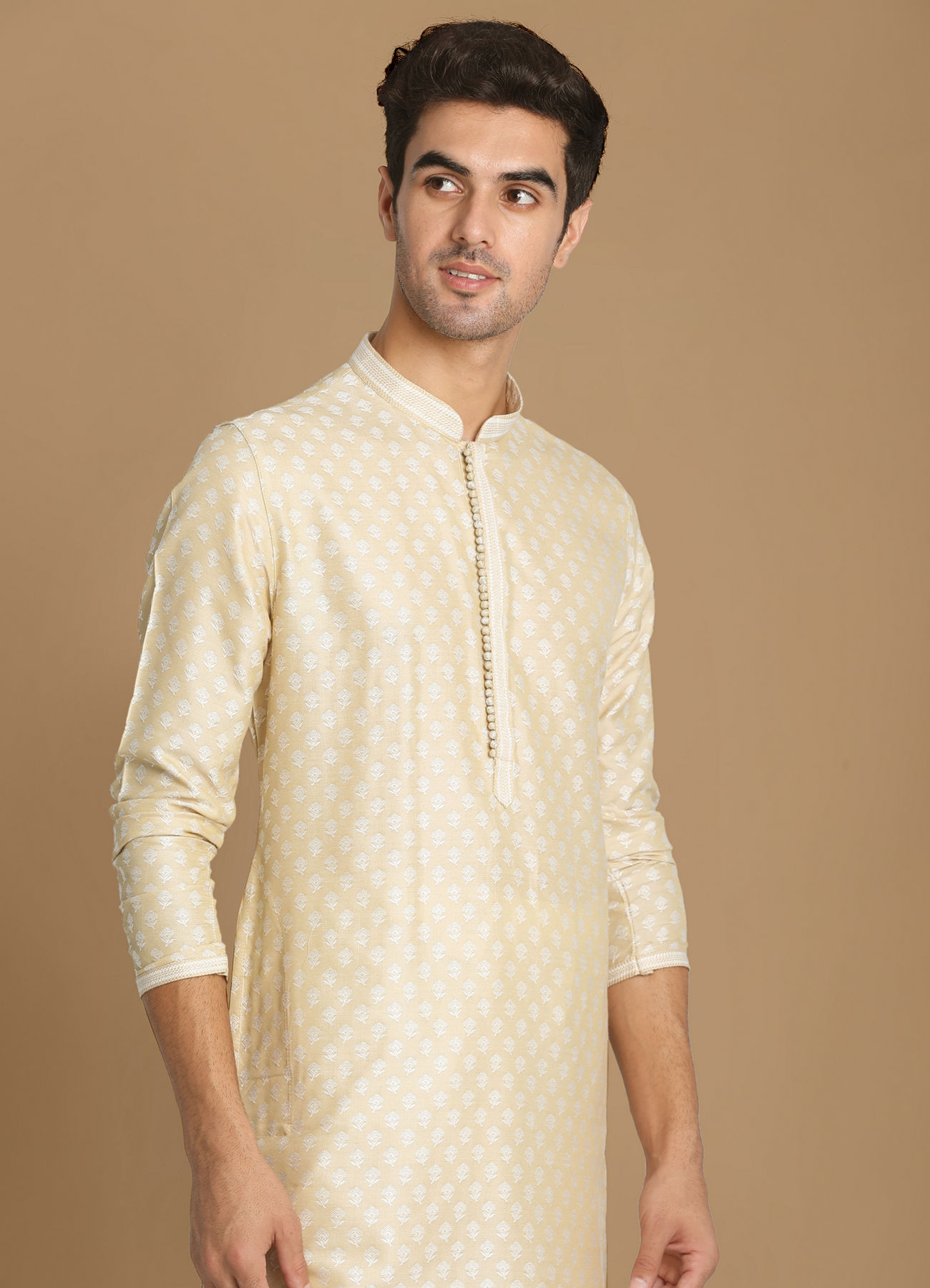 Manyavar Men Light Cream Jaquard Kurta Pajama