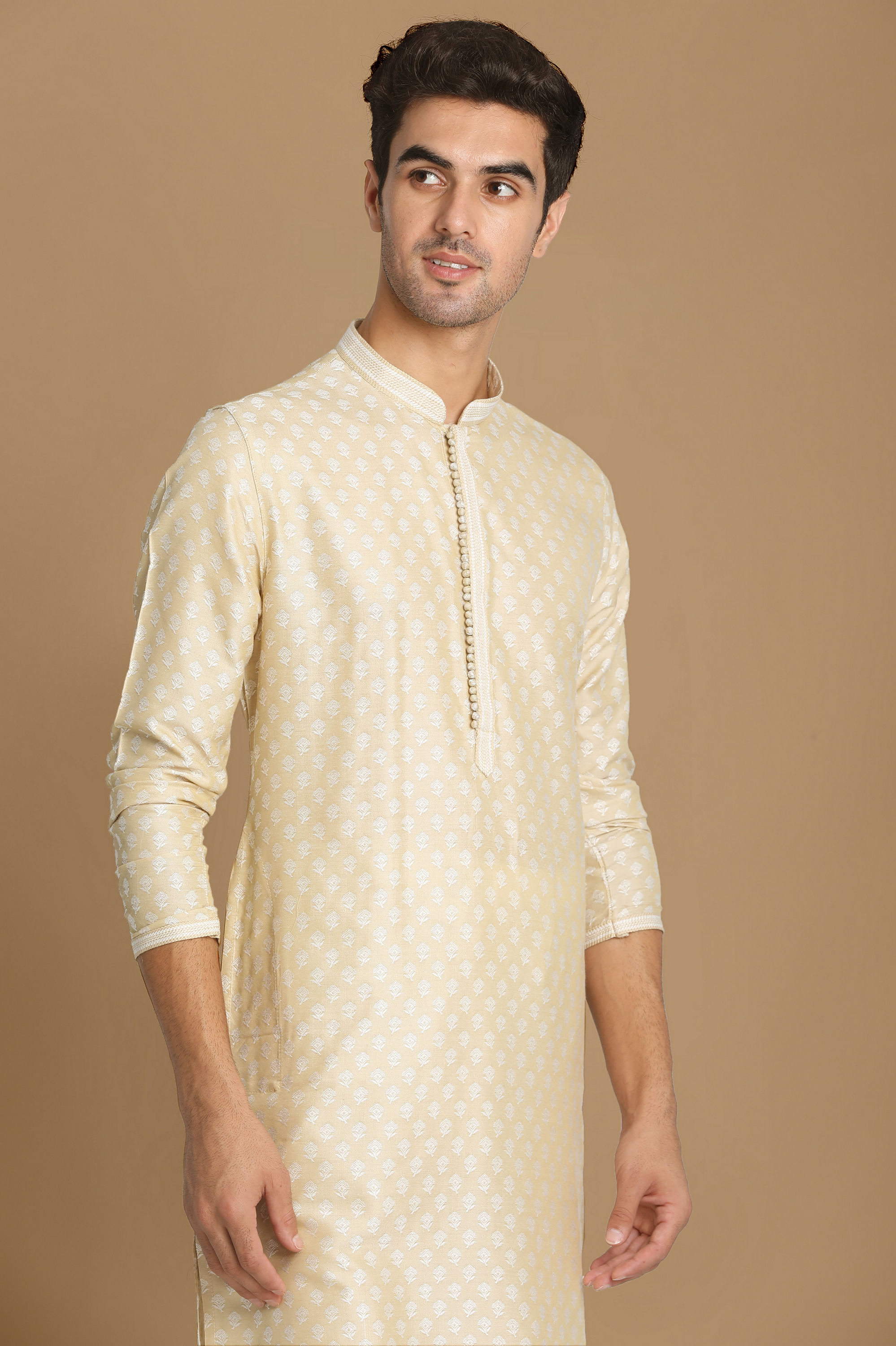 Manyavar Men Light Cream Jaquard Kurta Pajama