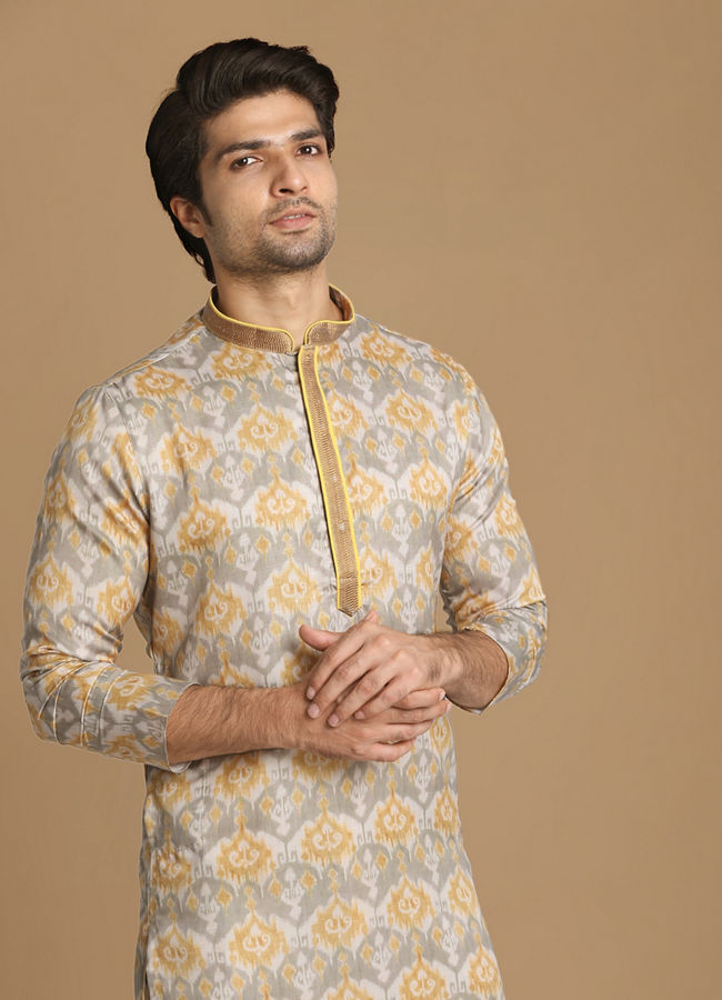 Manyavar Men Orange Grey Printed Kurta Set