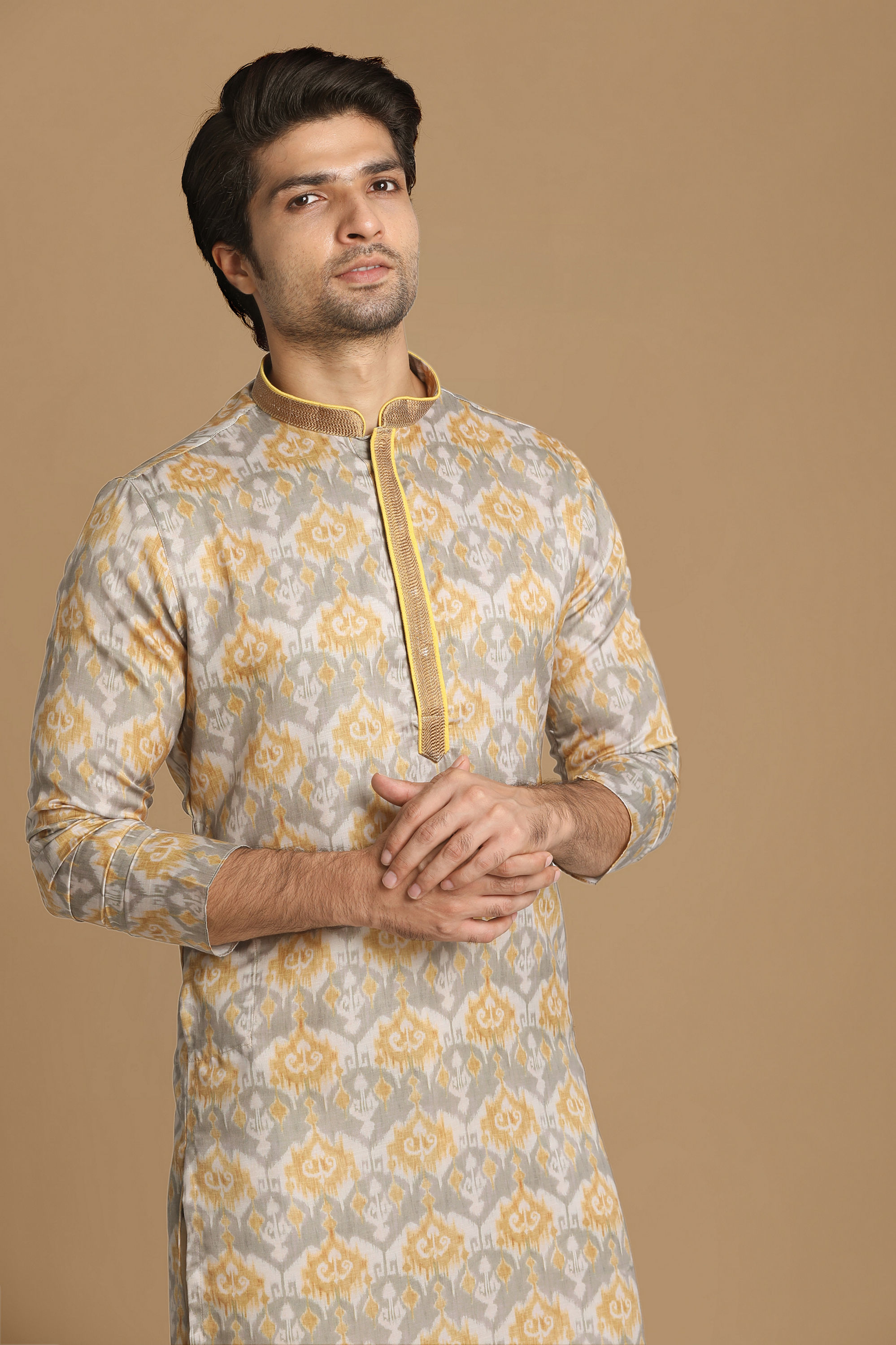 Manyavar Men Orange Grey Printed Kurta Set